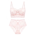 Ensemble de lingerie en dentelle française rose pâle avec bords festonnés et nœud - 70B / Rose