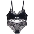 Elegantes Set aus schwarzer Spitze mit Blumenstickerei und rosa Rosendetails - 70B / Schwarz