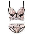 Conjunto de lencería de encaje melocotón con bordado floral negro para mujer - 80B / Rosa