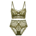 Ensemble lingerie dentelle vert olive avec broderies et culotte taille haute - 70B / Vert