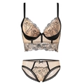 Conjunto de lencería tipo bustier beige y negro con delicado bordado de encaje - 70B / Color Piel