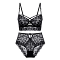 Ensemble de lingerie sexy en dentelle noire avec broderie florale et culotte haute - Noir / 70C