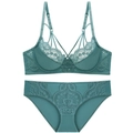 Conjunto de lencería de encaje verde azulado con bordado floral y tiras cruzadas - 70A / Azul Grisáceo