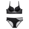 Sexy black U-back wireless bra set with matching polka dot lace trim and sheer mesh panties - 75A / Black