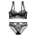 Set di lingerie sexy in pizzo nero con ricami floreali e piccoli fiocchi decorativi - 70B / Nero