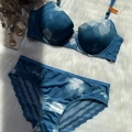 Blue and white gradient print lingerie set with lace trim and orange size tag - Blue