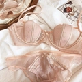 Pale pink lace lingerie set with underwire bra and matching panties on white sheet - 70B / Top And Bottom / Pink