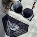 Conjunto de lencería sexy tie-dye negro y gris con encaje y copas push-up de 3/4 - 85C / Negro