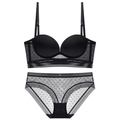 Conjunto de sujetador push-up negro sin costuras con espalda en U y encaje de lunares - 75B / Negro