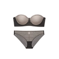 Conjunto de sujetador sin tirantes gris oscuro y braguita de malla con textura pura - 70A / Negro y Nude