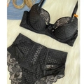 Sexy black lace lingerie set with underwire bra and high waist panties on white fur background - 70B / Top And Bottom / Black