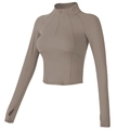 Dames yoga-top met lange mouwen, halve rits en duimgaten in aardebruine kleur - XL / Khaki