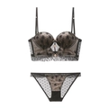 Conjunto de lencería de encaje negro con bordado floral y malla de lunares - 70B / Negro