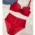 Red lace lingerie set with underwire bra and high waist panties on plush white rug - 70B / Top And Bottom / Red
