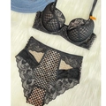 Black lace lingerie set with high waist panty and contrast light beige lining - 70B / Top And Bottom / Black/Nude