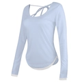 Nauwsluitende lichtblauwe yoga-top met lange mouwen, open rug met veters en witte biesjes - S / Baby Blauw