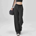 Women's black high-waisted wide-leg sports pants with adjustable drawstring waist - M / Black