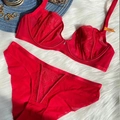 Completo intimo in pizzo rosso con reggiseno ricamato ultrasottile e slip abbinati - 70B / Rosso