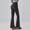 Detail showing the wide high-waisted waistband and seamless stitching of black yoga pants - S / Graphite Grey