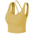 Gros plan du soutien-gorge de sport jaune montrant le tissu et le logo imprimé - Jaune