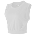 Detail van de ronde halslijn en het S-maatlabel op de witte korte yoga sporttop - S / Wit