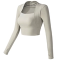 Nauwsluitende lichtgrijze korte yoga top met lange mouwen, ingebouwde bh en duimgaten - Khaki