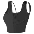 Détail des bretelles croisées et de l'ourlet élastique d'un brassière de sport noire - Noir