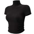 Eng anliegendes schwarzes Damen-Sportshirt mit Stehkragen, Raffung und Rippenstruktur - Schwarz