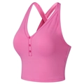 Pink V-neck sports bra with decorative buttons and cross-back straps for fitness - M / Plum Pink
