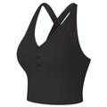 Women's V-neck sports bra in black with triple button detail and cross back straps - S / Black