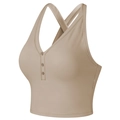Women's V-neck shockproof sports bra in khaki with decorative buttons and cross straps - S / Khaki