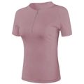T-shirt sportiva slim da donna con mezza zip rosa cipria per yoga e fitness training - S / Rosa Rosso