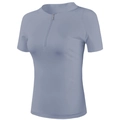 T-shirt de sport cintré bleu clair pour femme avec col à demi-zip et manches courtes - Bleu