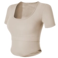 Nauwsluitend geribbeld yoga T-shirt met U-hals en gebogen zoom in beige sportieve stijl - S / Khaki
