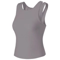 Close-up of grey yoga tank top featuring unique double shoulder straps and cutout design - S / Taupe