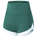 Detailaufnahme der hoch taillierten Yoga-Shorts in Dunkelgrün mit schicken weißen Paspeln - Seegrün