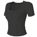 Detail view of the black yoga top featuring elegant square neck and ruching side seams - S / Black