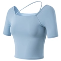 Light blue slim fit yoga top with square neckline and decorative asymmetric strap detail - S / Blue