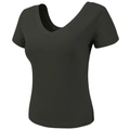 Eng anliegendes dunkelolivgrünes Sport-T-Shirt mit V-Ausschnitt und Rippenstruktur - S / Schwarz