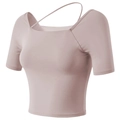 Slim fit dusty pink yoga short sleeve top with square neck and diagonal straps - S / Pink