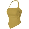 Close-up of the mustard yellow halter sports bra with side ruching and irregular hem detail - Leaf Yellow