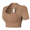 Brown 2-in-1 short sleeve sports top with built-in bra and seamless ribbed texture - S / Brown