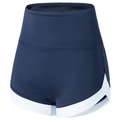 High waist navy yoga shorts for women with white contrast trim and side split design - S / Navy Blue