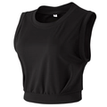 Close-up detail of a black sleeveless yoga crop top showing neck line and size S label - S / Black