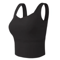 Front side view of a black high-elasticity wide-strap sports bra with a deep V-neckline - S / Black