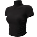 Zwart geribd yoga-shirt met korte mouwen, opstaande kraag en zijwaartse plooien - S / Zwart