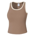 Soutien-gorge de sport yoga côtelé marron avec bordure contrastée crème pour femmes - Brun Thé au Lait