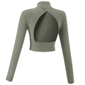 Top corto da yoga a maniche lunghe slim fit con collo alto e apertura ovale sulla schiena - Verde militare