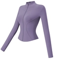 Détail de la veste de yoga cintrée avec fermeture éclair et passants pour les pouces - S / Hauts / Violet Aubergine