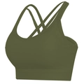 Olive green ribbed sports bra with U-neck and X-back cross straps on a white background - Green